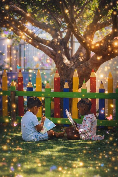 Children reading under the magic tree